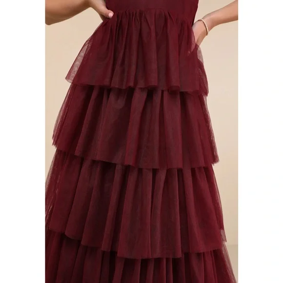 Lulus Rule The Runway Burgundy Tulle Surplice Tiered Maxi Dress Small NWT - Picture 4 of 15